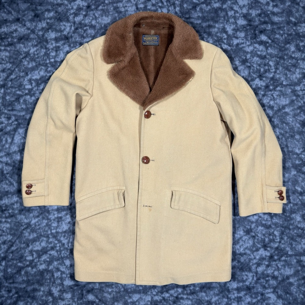 Vintage Sir Pendleton Wool Coat Mens Large 46 Made in USA Tan Faux Fur Collar